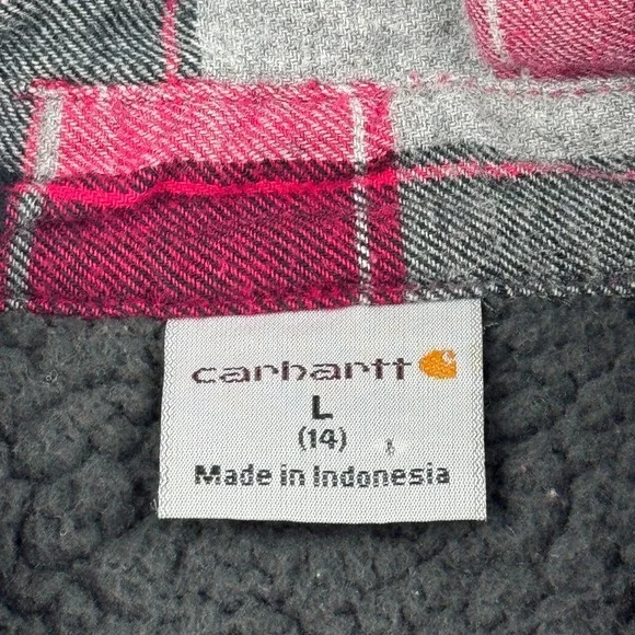 Carhartt‎ Flannel Shirt Girls Large 14 Pink Black Plaid Sherpa Lined Snap Button - Picture 4 of 10